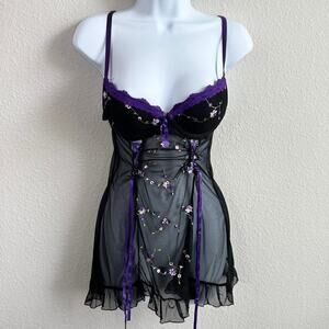 Indulgence by Biatta Lingerie Women's S/32 Black Floral Babydoll Chemise Dress